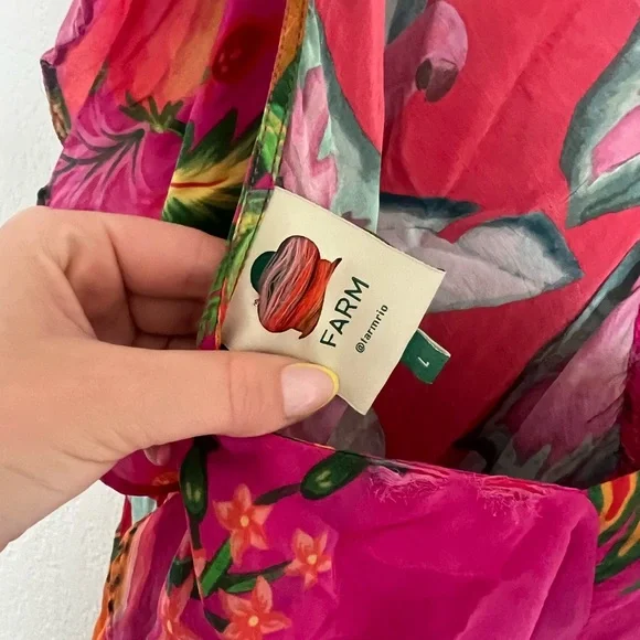 Farm Rio Mixed Flowery Ruffle One Shoulder Midi Dress Tropical Floral Pink - Picture 8 of 8